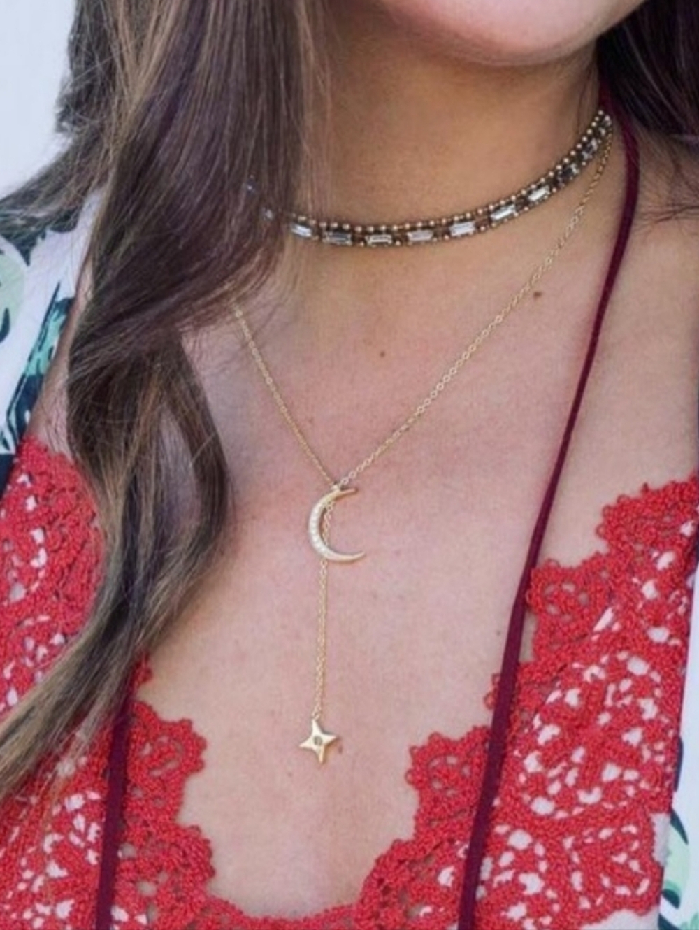 Moon and star lariat necklace